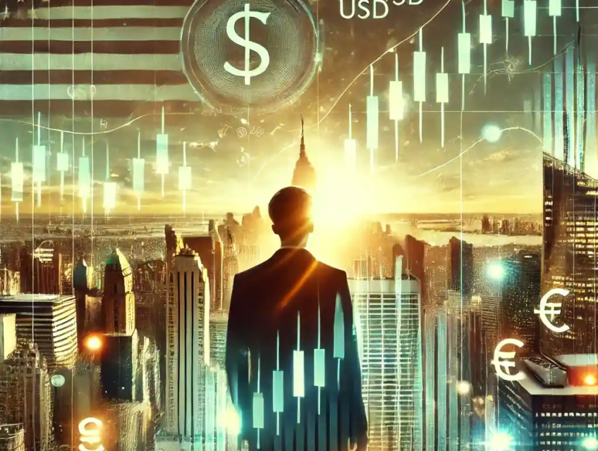 A futuristic digital illustration symbolizing Wall Street’s financial recovery with glowing green charts, skyscrapers, and a sunrise.