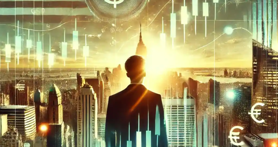 A futuristic digital illustration symbolizing Wall Street’s financial recovery with glowing green charts, skyscrapers, and a sunrise.