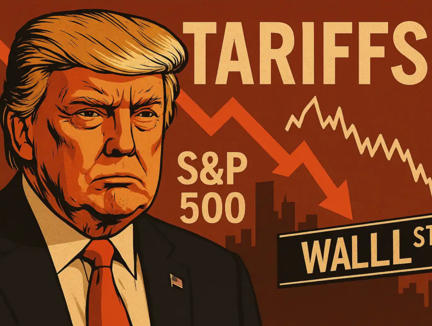 Illustration of Donald Trump with a worried expression, set against a stock market backdrop and falling red arrow symbolizing Wall Street’s tariff fears.