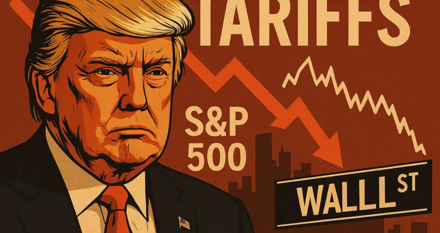 Illustration of Donald Trump with a worried expression, set against a stock market backdrop and falling red arrow symbolizing Wall Street’s tariff fears.