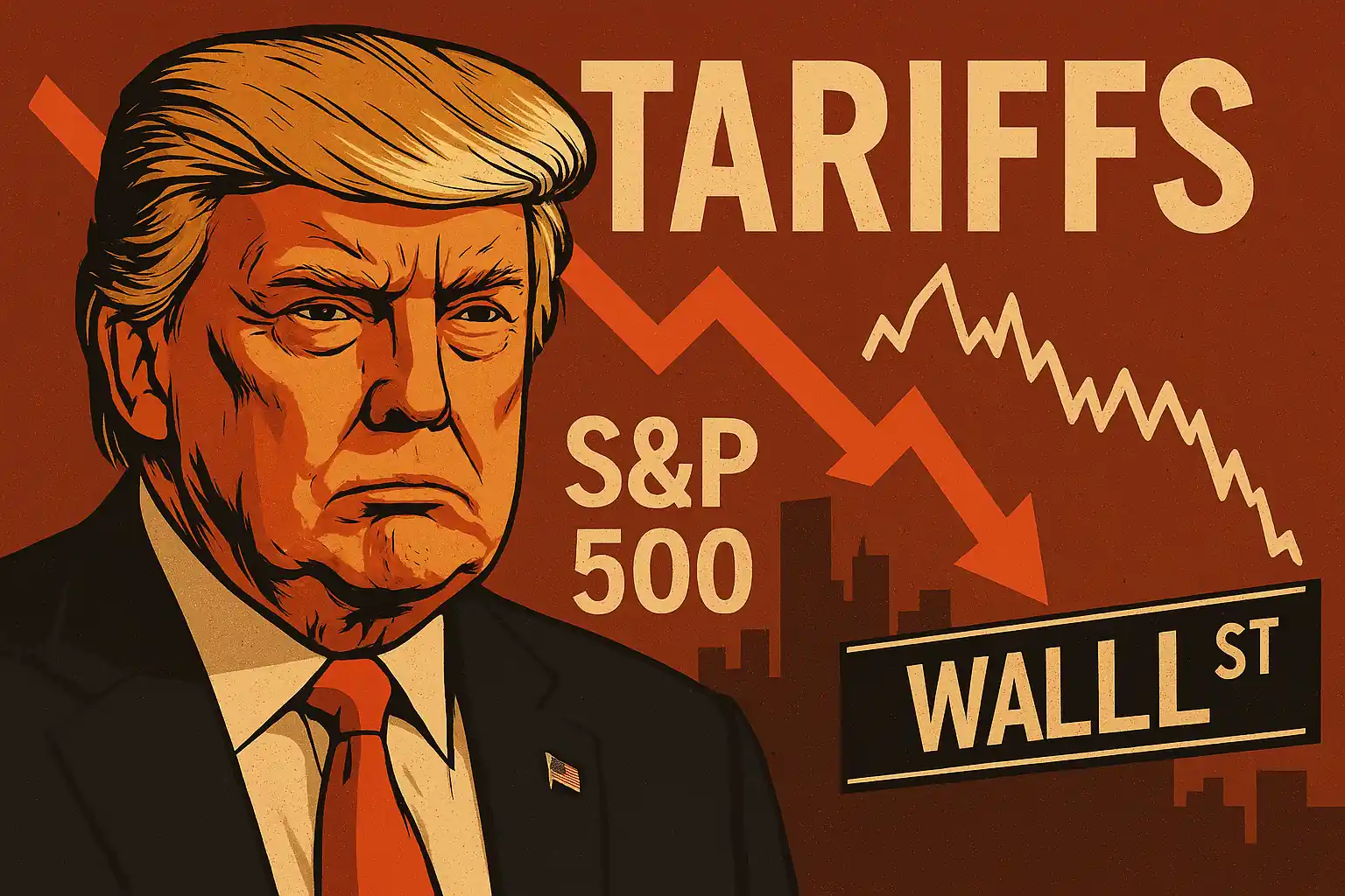 Illustration of Donald Trump with a worried expression, set against a stock market backdrop and falling red arrow symbolizing Wall Street’s tariff fears.