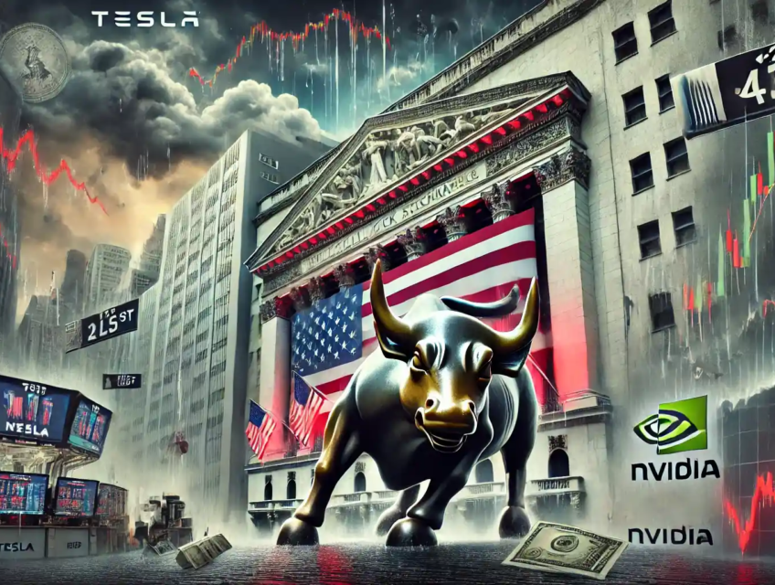 Illustration numérique représentant Wall Street sous pression avec des graphiques boursiers en baisse, le taureau de Wall Street stressé, et des symboles économiques mondiaux.
