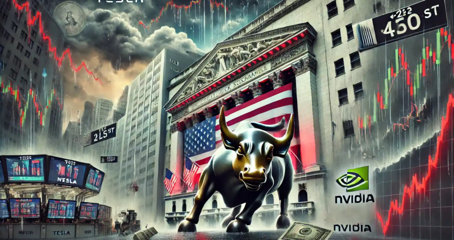 Illustration numérique représentant Wall Street sous pression avec des graphiques boursiers en baisse, le taureau de Wall Street stressé, et des symboles économiques mondiaux.