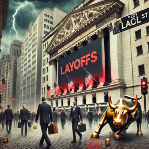 Illustration réaliste de Wall Street avec des employés licenciés portant des cartons et un taureau doré fissuré