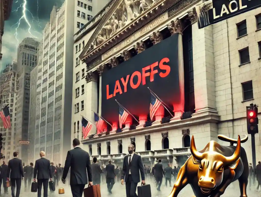 Illustration réaliste de Wall Street avec des employés licenciés portant des cartons et un taureau doré fissuré