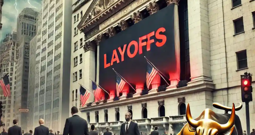 Illustration réaliste de Wall Street avec des employés licenciés portant des cartons et un taureau doré fissuré