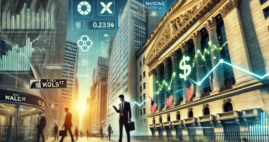 Illustration réaliste de Wall Street en journée haussière, avec la Bourse de New York et des indicateurs économiques en hausse