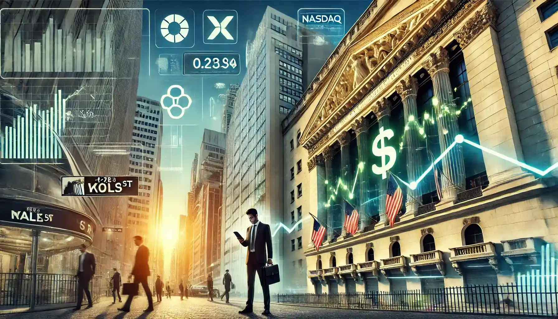 Illustration réaliste de Wall Street en journée haussière, avec la Bourse de New York et des indicateurs économiques en hausse
