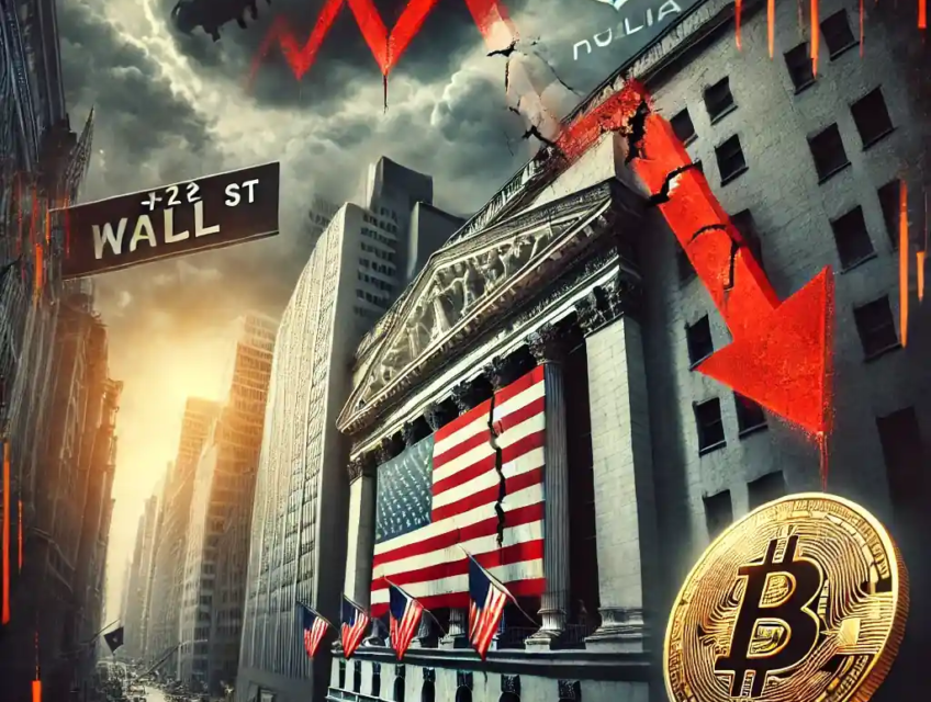 Dramatic digital illustration of Wall Street collapsing under economic strain with falling tech and crypto stocks.