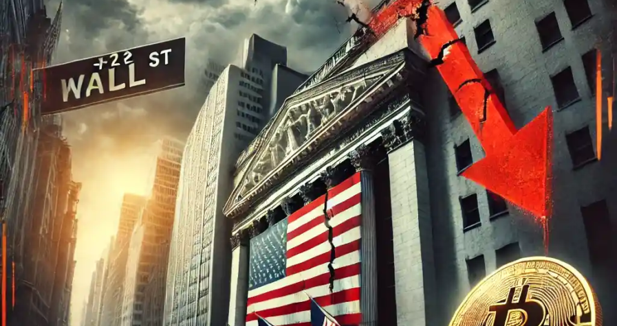 Dramatic digital illustration of Wall Street collapsing under economic strain with falling tech and crypto stocks.