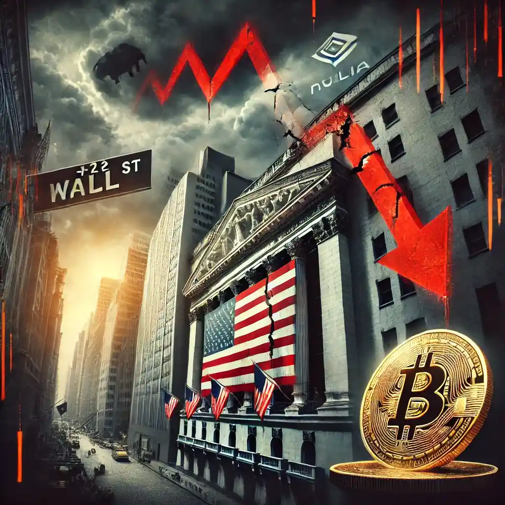 Dramatic digital illustration of Wall Street collapsing under economic strain with falling tech and crypto stocks.