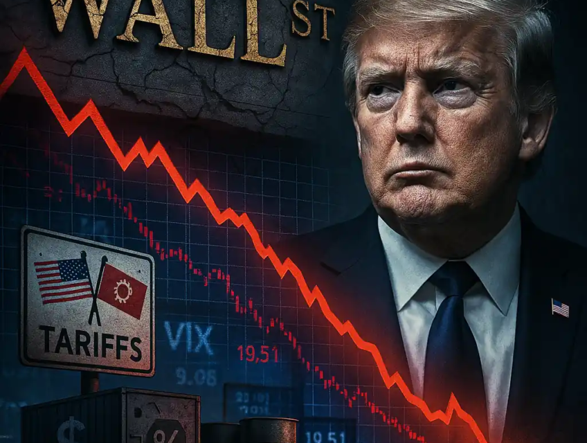 Donald Trump en fond avec graphique boursier en chute, écrans financiers et symboles de tensions commerciales.