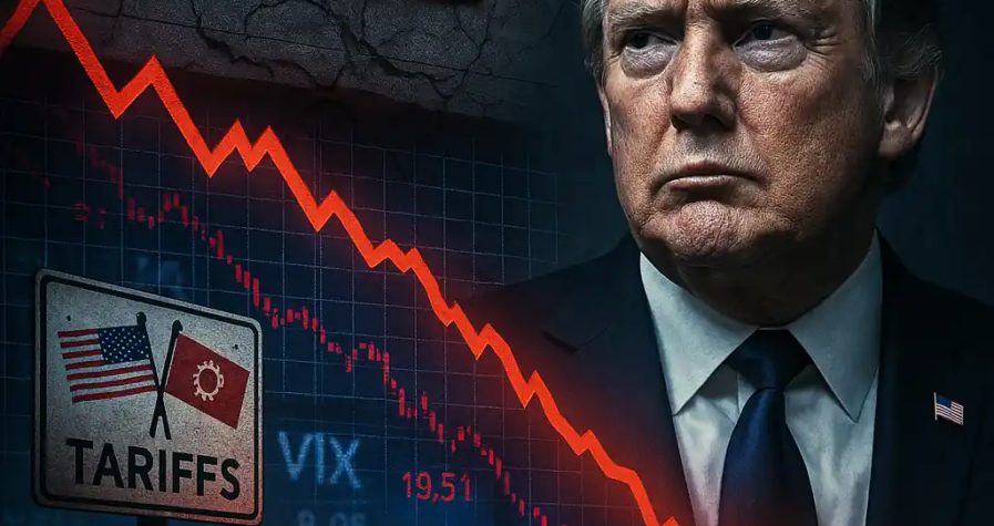 Donald Trump en fond avec graphique boursier en chute, écrans financiers et symboles de tensions commerciales.