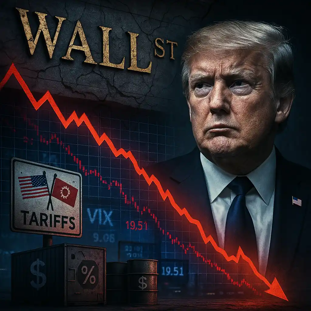 Donald Trump en fond avec graphique boursier en chute, écrans financiers et symboles de tensions commerciales.