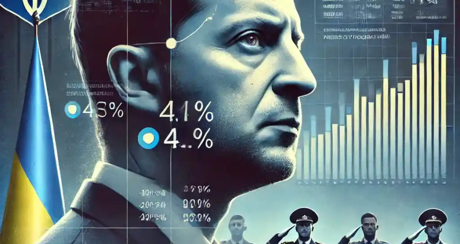 Illustration détaillée de Volodymyr Zelensky dans un contexte politique tendu, avec un tableau numérique affichant des prévisions sur son avenir.