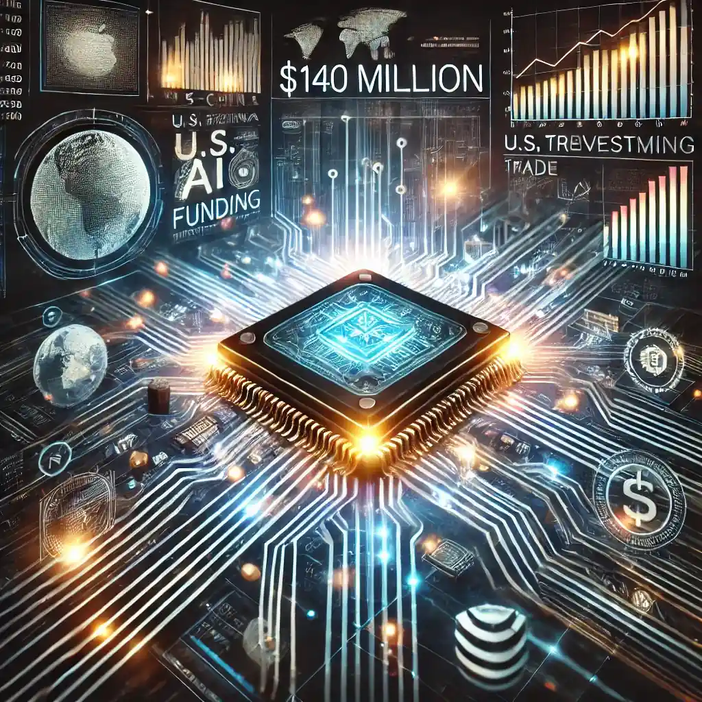 An illustration featuring an advanced AI circuit board with glowing data streams, financial investment charts, corporate funding symbols, and U.S.-China trade restriction icons.