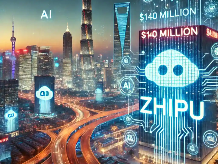 Illustration futuriste représentant la montée en puissance de Zhipu, une startup chinoise d’intelligence artificielle, avec une ville high-tech illuminée par des symboles holographiques d’IA et des flux de données numériques.