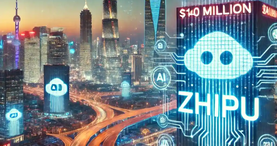 Illustration futuriste représentant la montée en puissance de Zhipu, une startup chinoise d’intelligence artificielle, avec une ville high-tech illuminée par des symboles holographiques d’IA et des flux de données numériques.