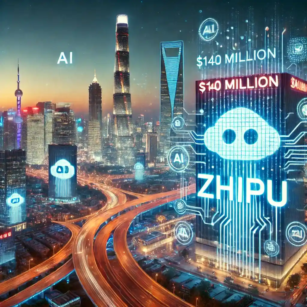 Illustration futuriste représentant la montée en puissance de Zhipu, une startup chinoise d’intelligence artificielle, avec une ville high-tech illuminée par des symboles holographiques d’IA et des flux de données numériques.