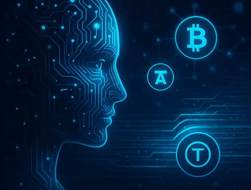 Futuristic digital art of an AI face made of circuits surrounded by crypto symbols like Bitcoin and Bittensor.