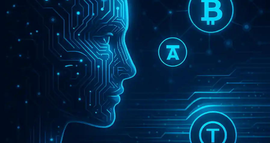Futuristic digital art of an AI face made of circuits surrounded by crypto symbols like Bitcoin and Bittensor.