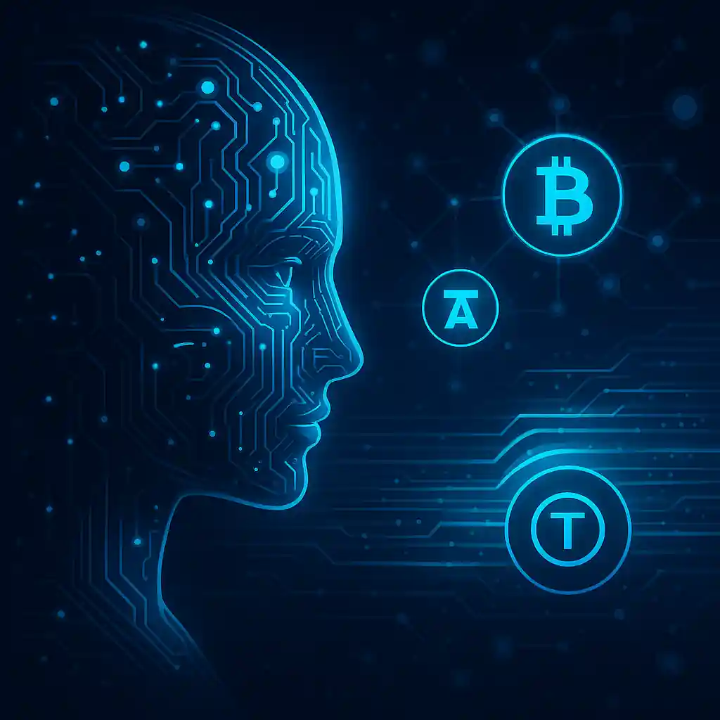 Futuristic digital art of an AI face made of circuits surrounded by crypto symbols like Bitcoin and Bittensor.