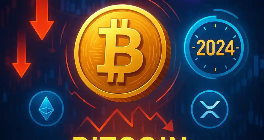 Illustration showing Bitcoin at the center of a crypto market scene, with Ethereum, Solana, XRP, and a 2024 halving clock in the background.