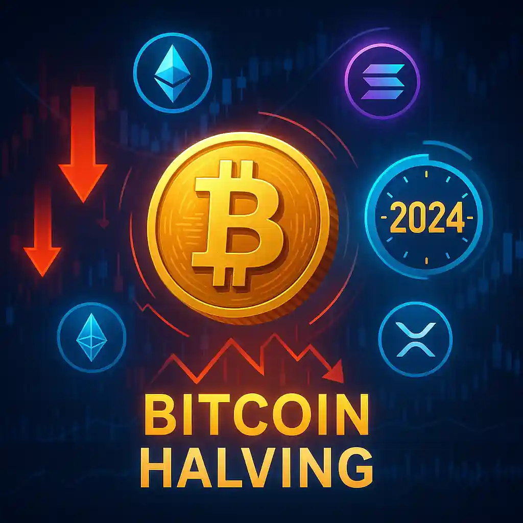 Illustration showing Bitcoin at the center of a crypto market scene, with Ethereum, Solana, XRP, and a 2024 halving clock in the background.