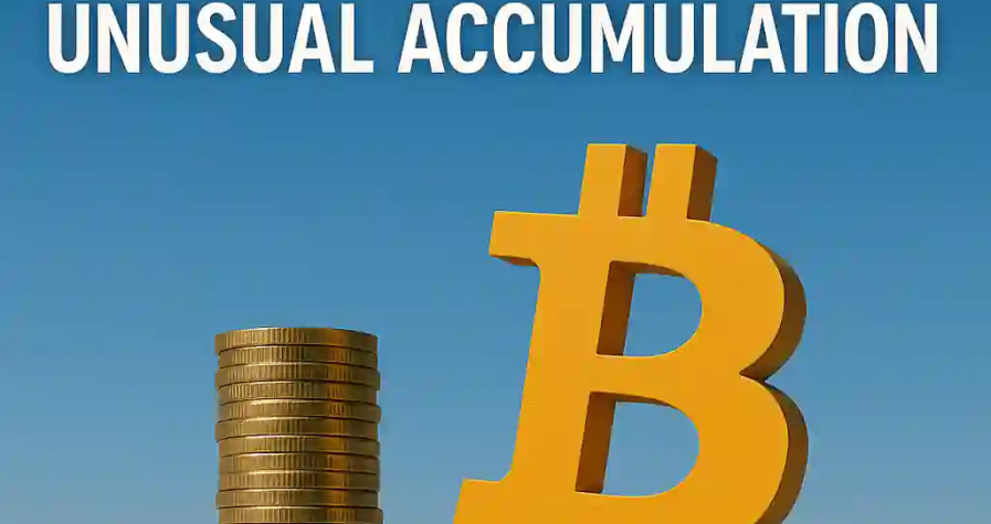Golden Bitcoin logo and stacked coins symbolizing unusual BTC accumulation by short- and long-term holders in April 2025.