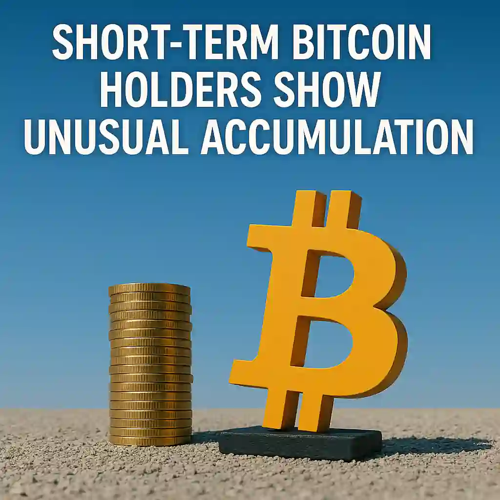 Golden Bitcoin logo and stacked coins symbolizing unusual BTC accumulation by short- and long-term holders in April 2025.