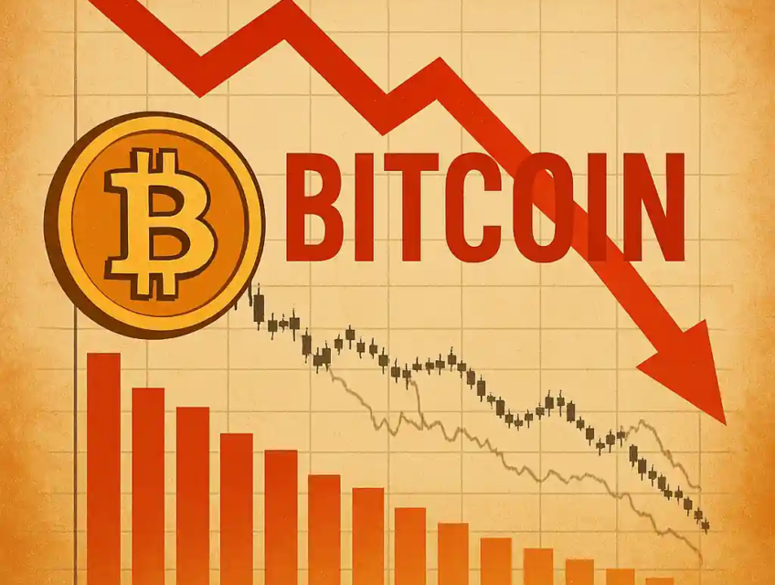 Illustration of a golden Bitcoin symbol with a red downward arrow over a price chart, showing the cryptocurrency’s Q1 2025 pullback.