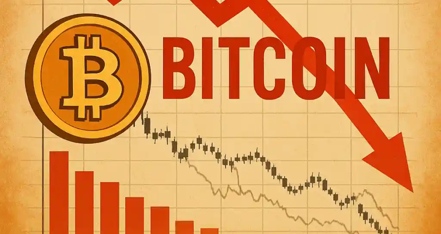 Illustration of a golden Bitcoin symbol with a red downward arrow over a price chart, showing the cryptocurrency’s Q1 2025 pullback.