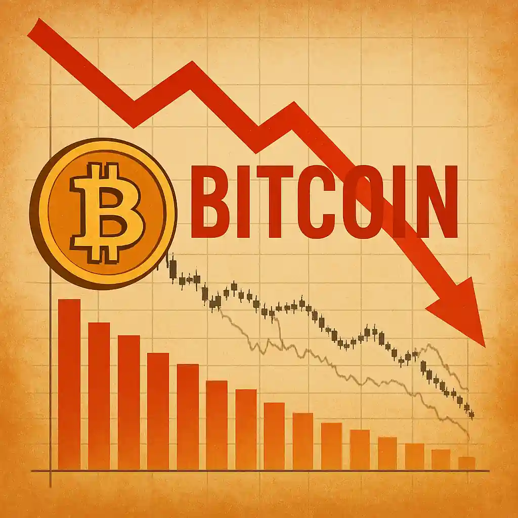 Illustration of a golden Bitcoin symbol with a red downward arrow over a price chart, showing the cryptocurrency’s Q1 2025 pullback.