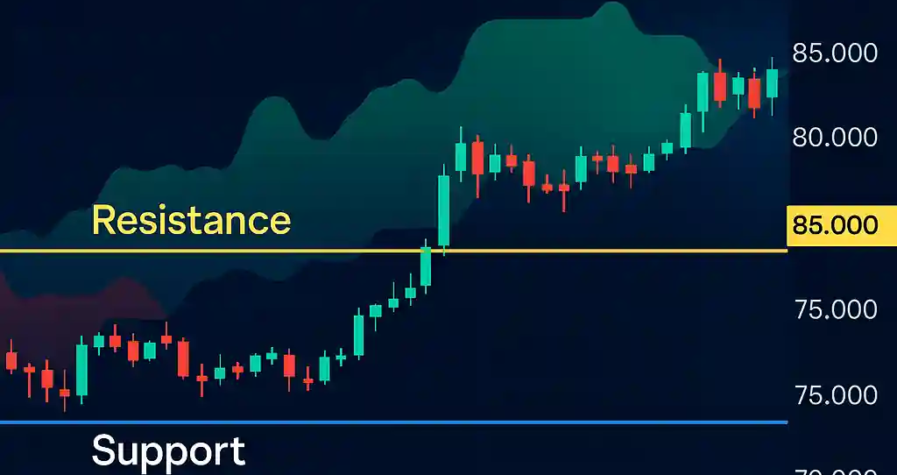 Bitcoin chart showing price near $85K resistance within the Ichimoku Cloud, with labeled support and resistance zones.