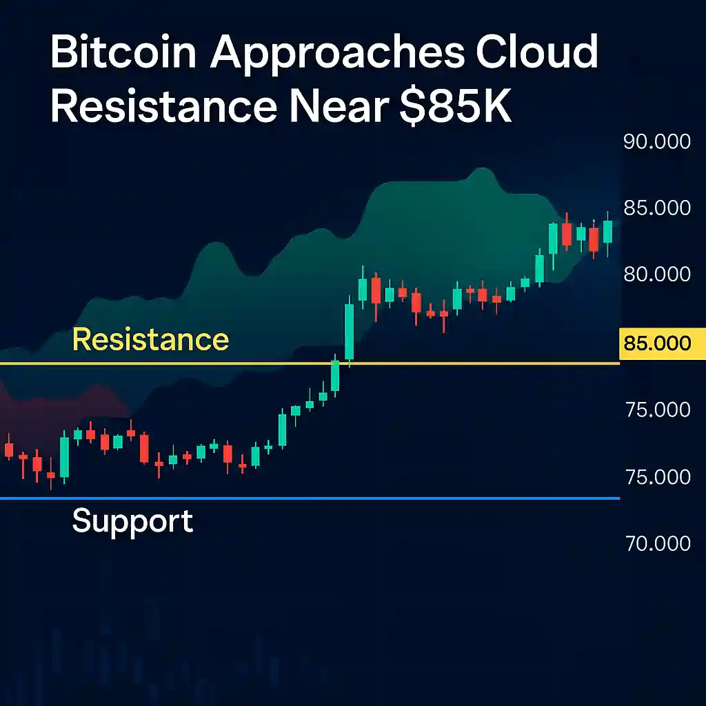 Bitcoin chart showing price near $85K resistance within the Ichimoku Cloud, with labeled support and resistance zones.