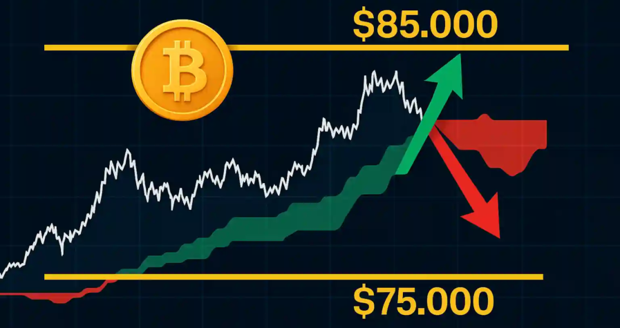 Graphique de Bitcoin à 85 000 dollars avec résistance technique et nuage Ichimoku