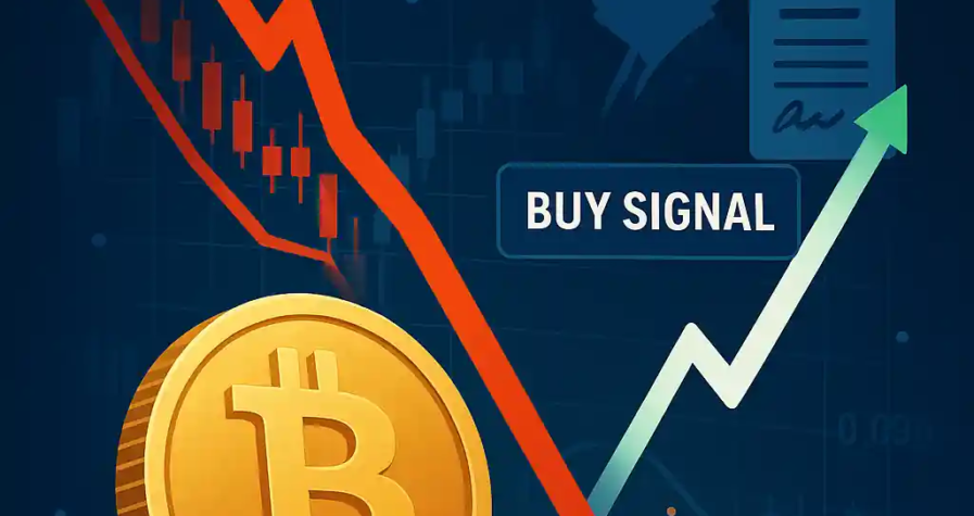 Bitcoin doré avec un graphique en chute suivi d’un rebond “BUY SIGNAL”, sur fond de marché, Trump et drapeau US.