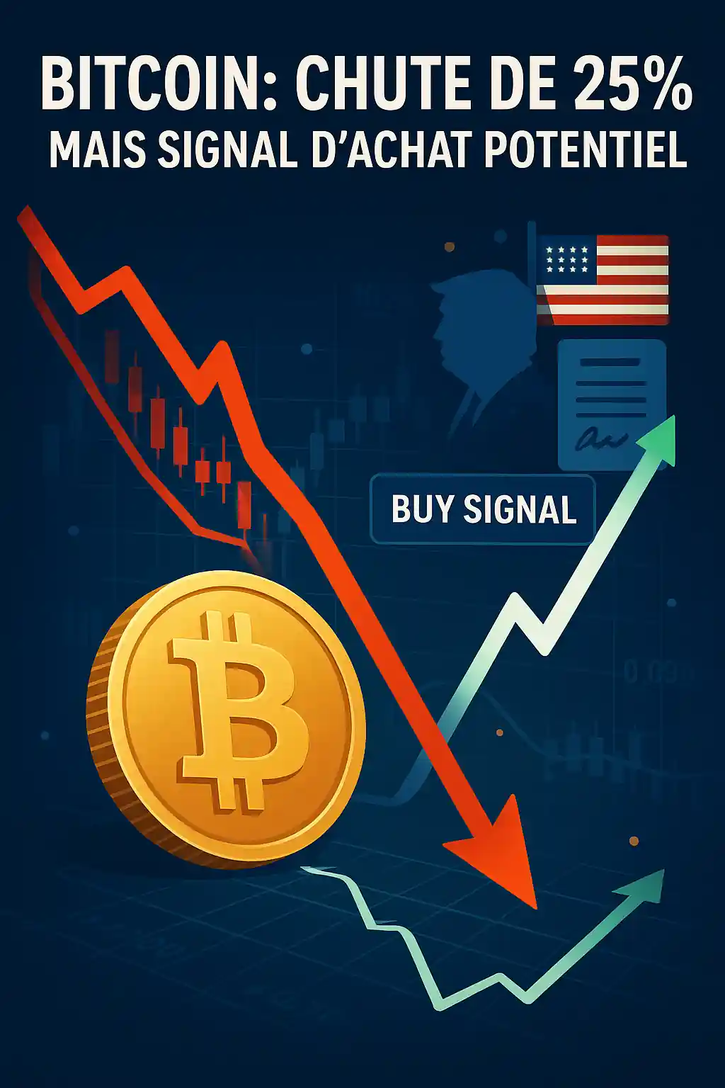 Bitcoin doré avec un graphique en chute suivi d’un rebond “BUY SIGNAL”, sur fond de marché, Trump et drapeau US.