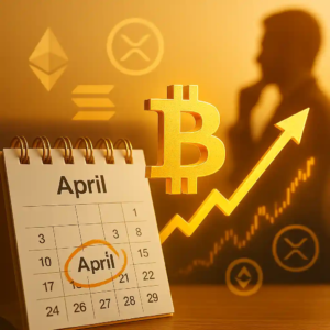 Calendrier d’avril en surbrillance avec symbole Bitcoin doré, flèche haussière et logos d’Ethereum, Solana et XRP.