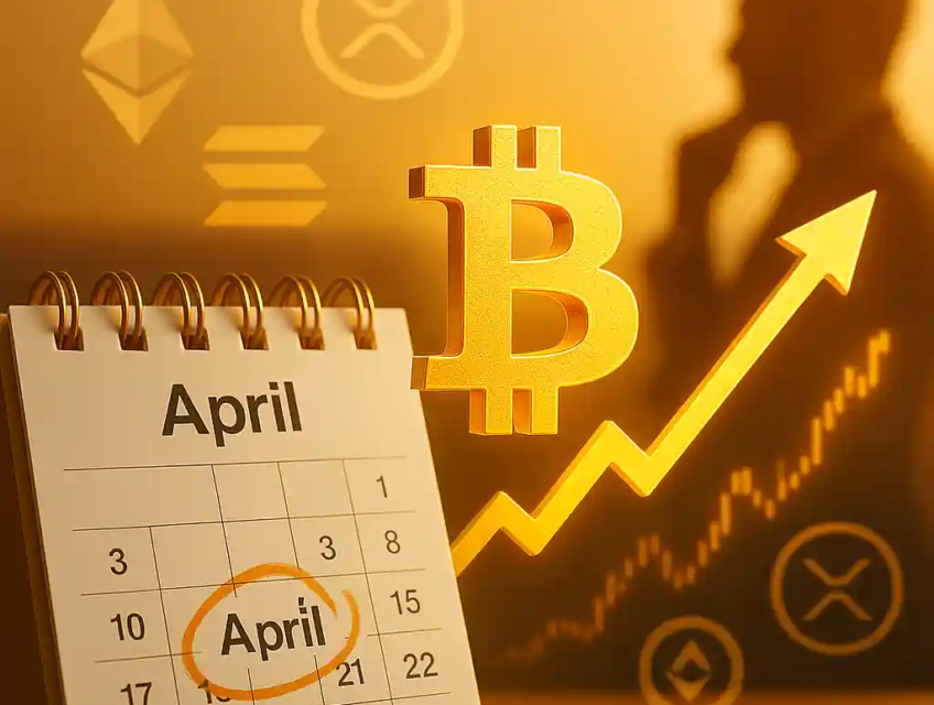 Calendrier d’avril en surbrillance avec symbole Bitcoin doré, flèche haussière et logos d’Ethereum, Solana et XRP.