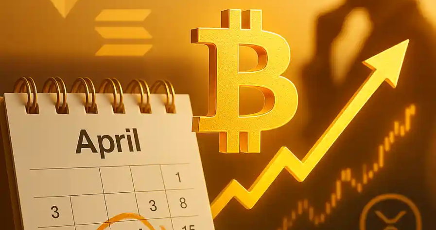 Calendrier d’avril en surbrillance avec symbole Bitcoin doré, flèche haussière et logos d’Ethereum, Solana et XRP.