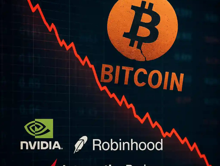 Graphique Bitcoin en chute avec logos de NVIDIA, Robinhood et Interactive Brokers sur fond sombre financier.