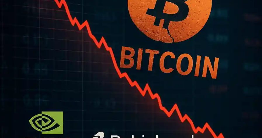 Graphique Bitcoin en chute avec logos de NVIDIA, Robinhood et Interactive Brokers sur fond sombre financier.