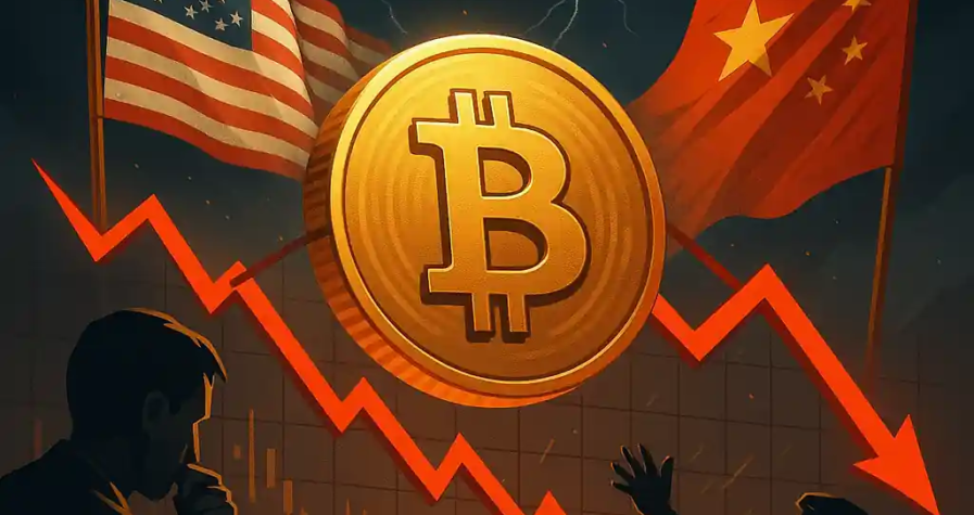 Bitcoin tiré entre les drapeaux américain et chinois sous un ciel orageux, avec traders inquiets et tendance en baisse.