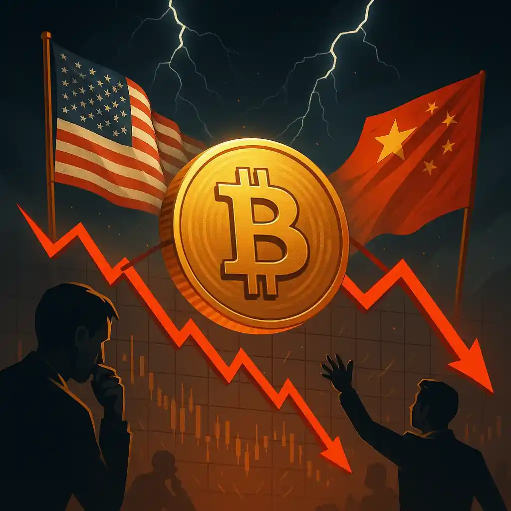 Bitcoin tiré entre les drapeaux américain et chinois sous un ciel orageux, avec traders inquiets et tendance en baisse.