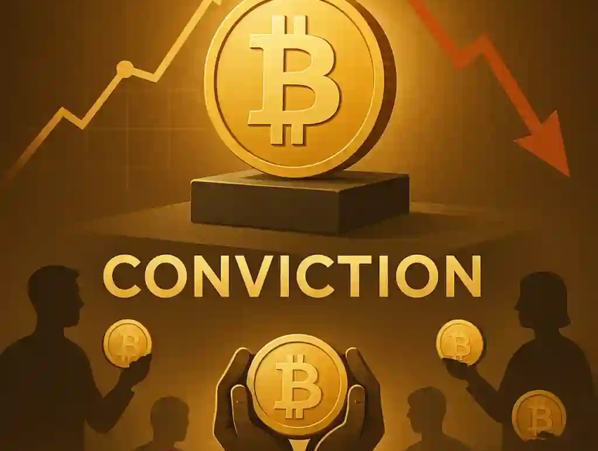 Bitcoin doré sur piédestal noir avec "Conviction" gravé, entouré de graphiques opposés et de silhouettes d’investisseurs.