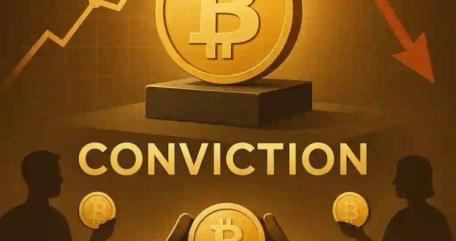 Bitcoin doré sur piédestal noir avec "Conviction" gravé, entouré de graphiques opposés et de silhouettes d’investisseurs.