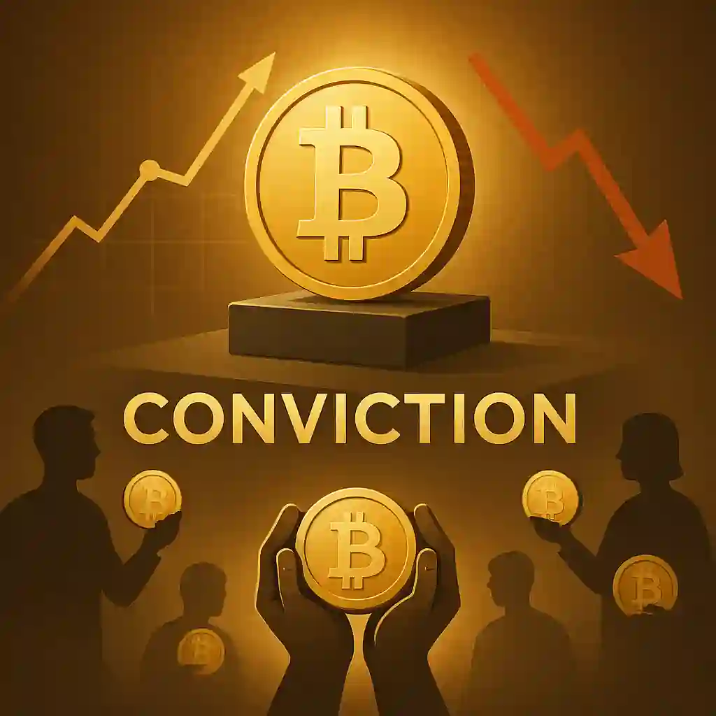 Bitcoin doré sur piédestal noir avec "Conviction" gravé, entouré de graphiques opposés et de silhouettes d’investisseurs.