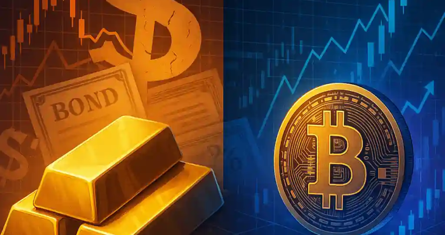 A split image showing gold bars and bonds on one side, Bitcoin and digital charts on the other, symbolizing financial evolution.