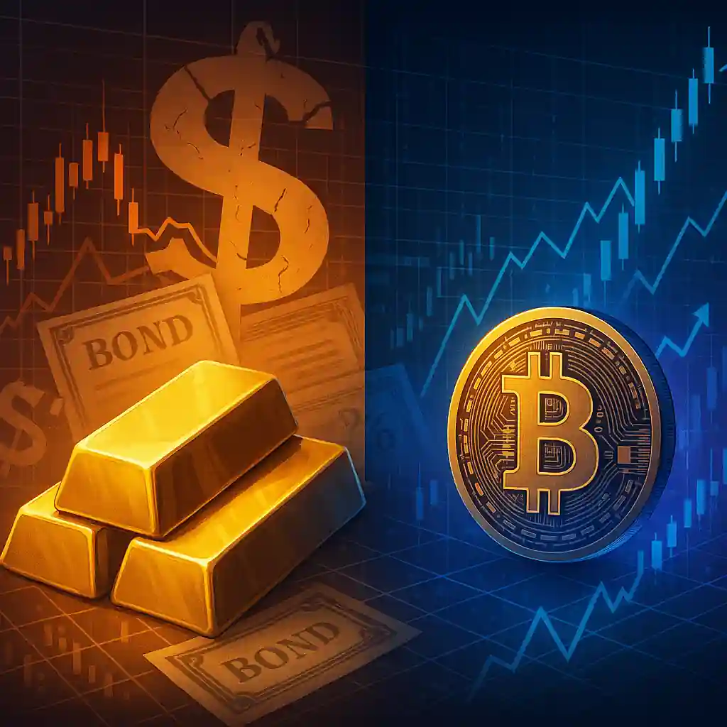 A split image showing gold bars and bonds on one side, Bitcoin and digital charts on the other, symbolizing financial evolution.
